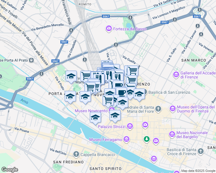 map of restaurants, bars, coffee shops, grocery stores, and more near 14/25 Piazza della Stazione in Firenze