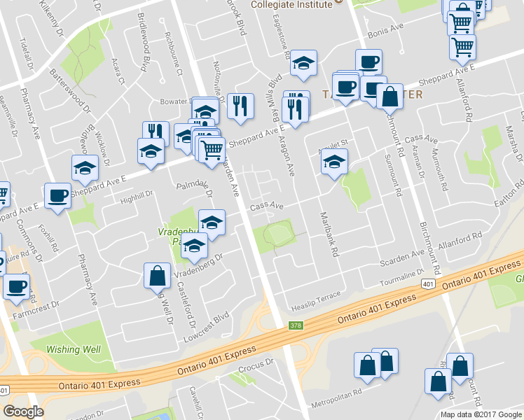 map of restaurants, bars, coffee shops, grocery stores, and more near in Toronto