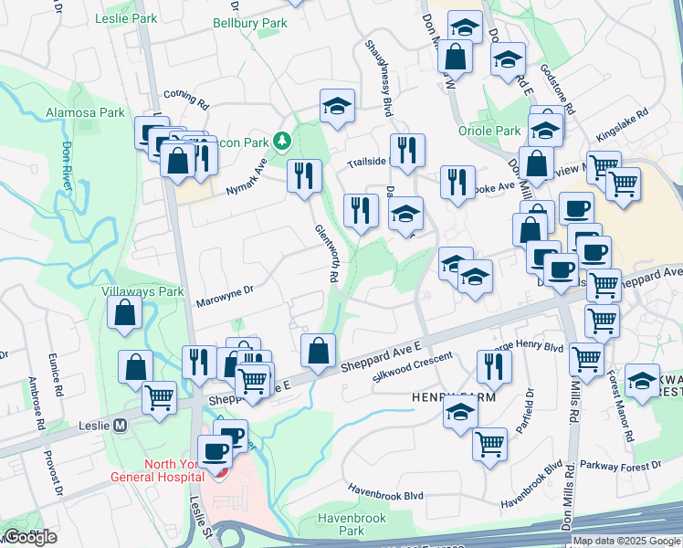 map of restaurants, bars, coffee shops, grocery stores, and more near in Toronto