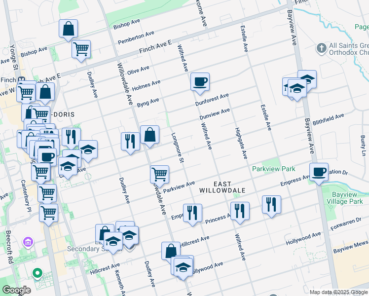 map of restaurants, bars, coffee shops, grocery stores, and more near in Toronto