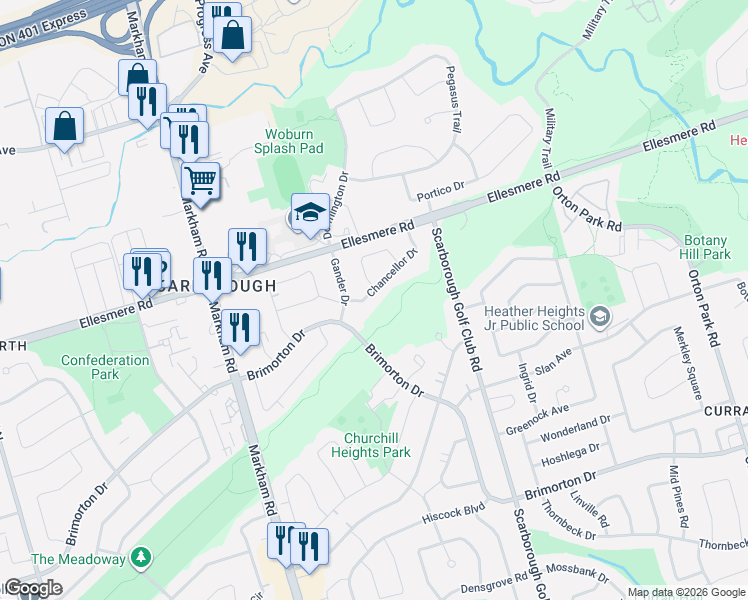 map of restaurants, bars, coffee shops, grocery stores, and more near 17 Chancellor Drive in Toronto