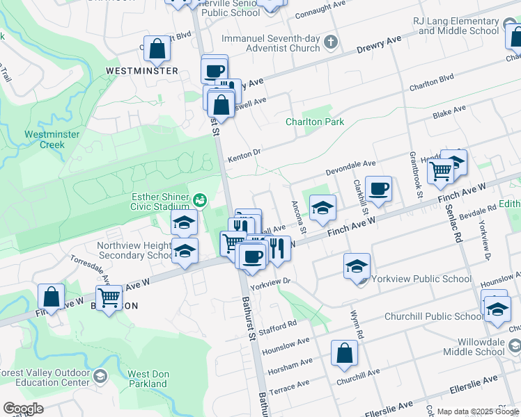 map of restaurants, bars, coffee shops, grocery stores, and more near 48 Dromore Crescent in Toronto