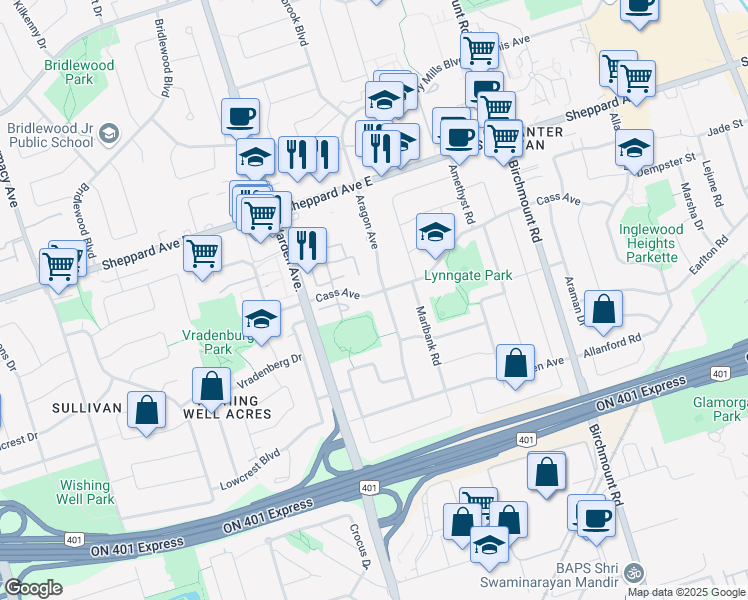 map of restaurants, bars, coffee shops, grocery stores, and more near 101 Cass Avenue in Toronto