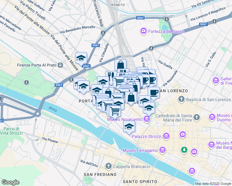 map of restaurants, bars, coffee shops, grocery stores, and more near 17 Via degli Orti Oricellari in Firenze