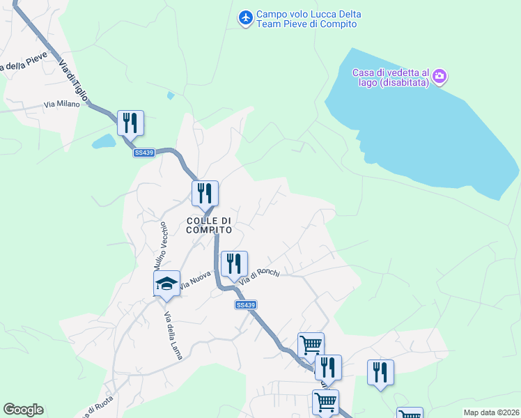 map of restaurants, bars, coffee shops, grocery stores, and more near 38 Via dei Canali in Capannori