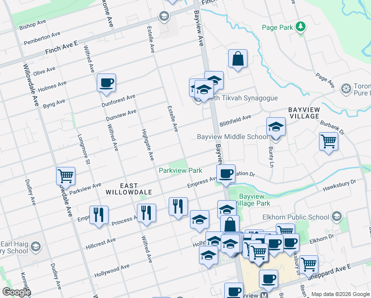 map of restaurants, bars, coffee shops, grocery stores, and more near 89 Estelle Avenue in Toronto