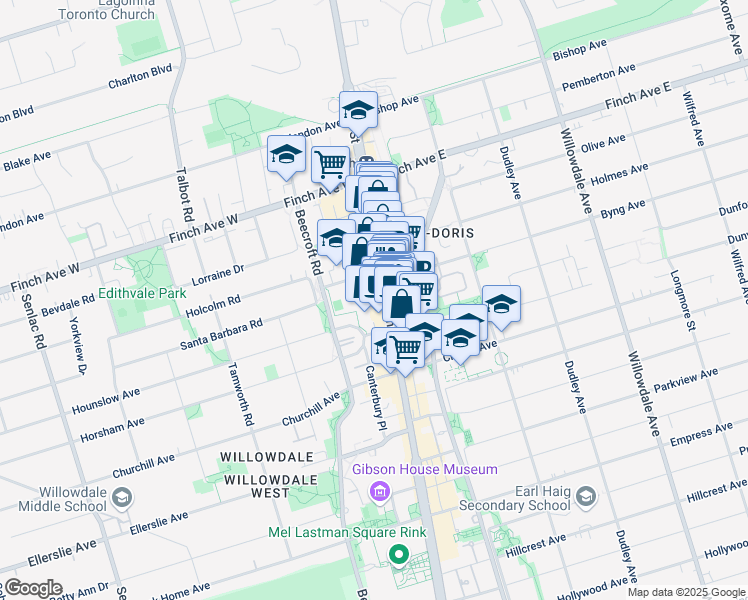 map of restaurants, bars, coffee shops, grocery stores, and more near 5430 Yonge Street in Toronto