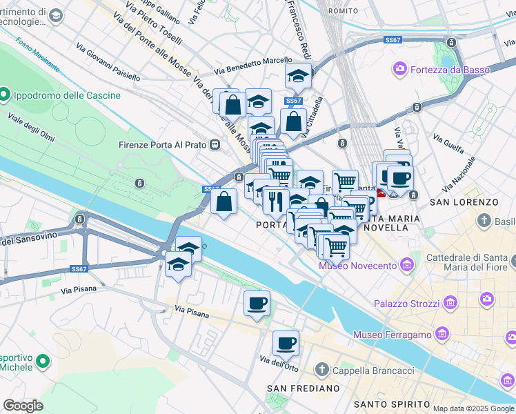 map of restaurants, bars, coffee shops, grocery stores, and more near 7 Via Magenta in Florence