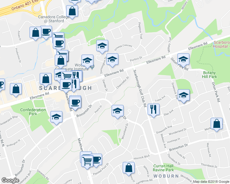 map of restaurants, bars, coffee shops, grocery stores, and more near 17 Chancellor Drive in Toronto