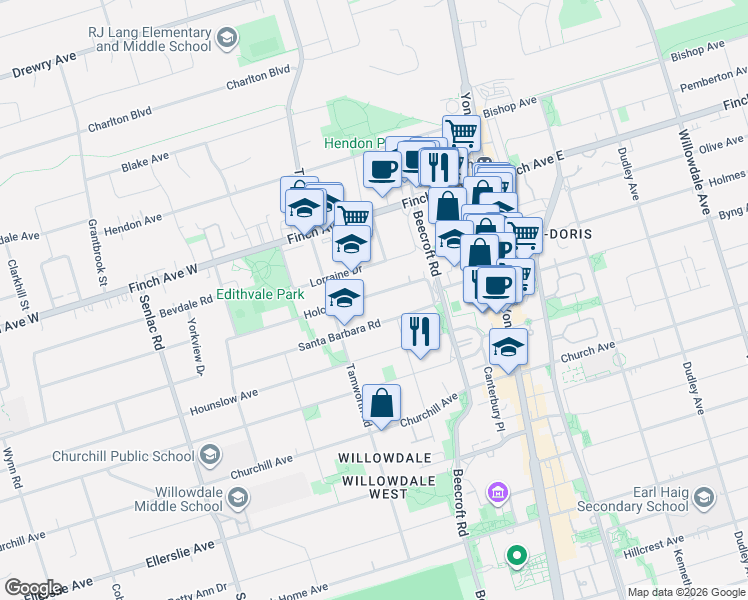map of restaurants, bars, coffee shops, grocery stores, and more near 65 Holcolm Road in Toronto