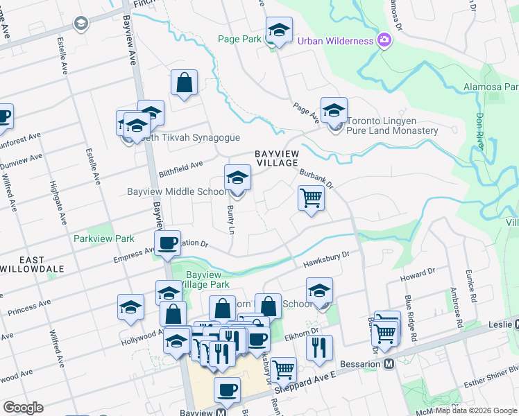 map of restaurants, bars, coffee shops, grocery stores, and more near 34 Ravenscroft Circle in Toronto