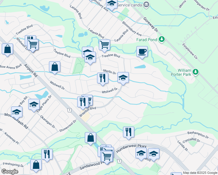 map of restaurants, bars, coffee shops, grocery stores, and more near 74 Maldives Crescent in Brampton