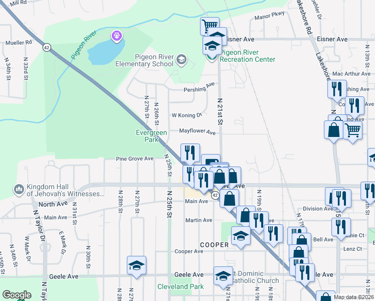 map of restaurants, bars, coffee shops, grocery stores, and more near 2815 Calumet Drive in Sheboygan