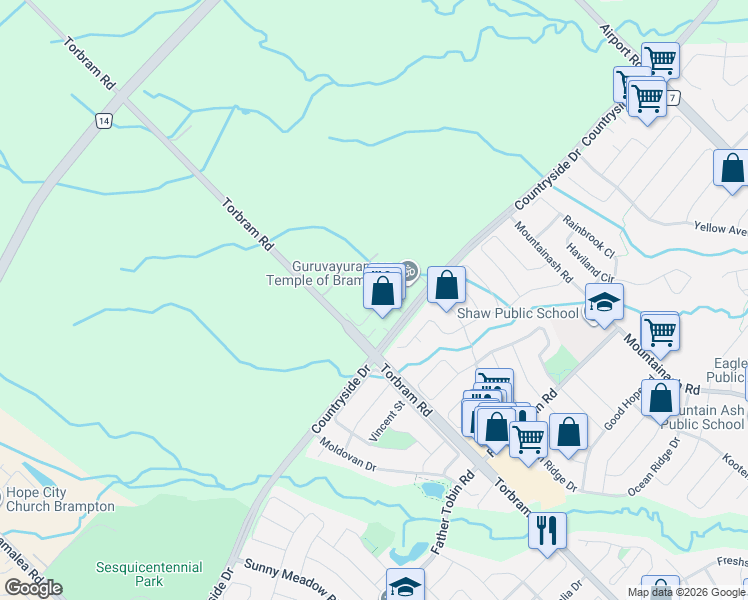 map of restaurants, bars, coffee shops, grocery stores, and more near in Brampton