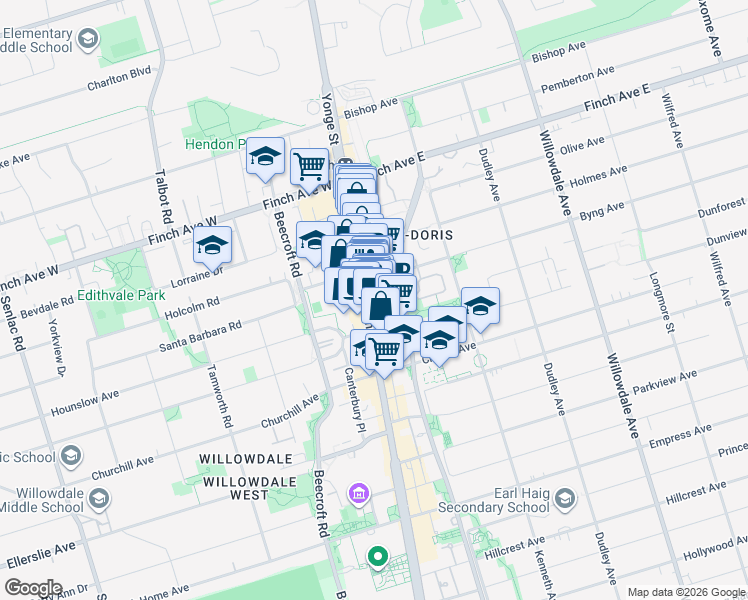 map of restaurants, bars, coffee shops, grocery stores, and more near 5409 Yonge Street in Toronto