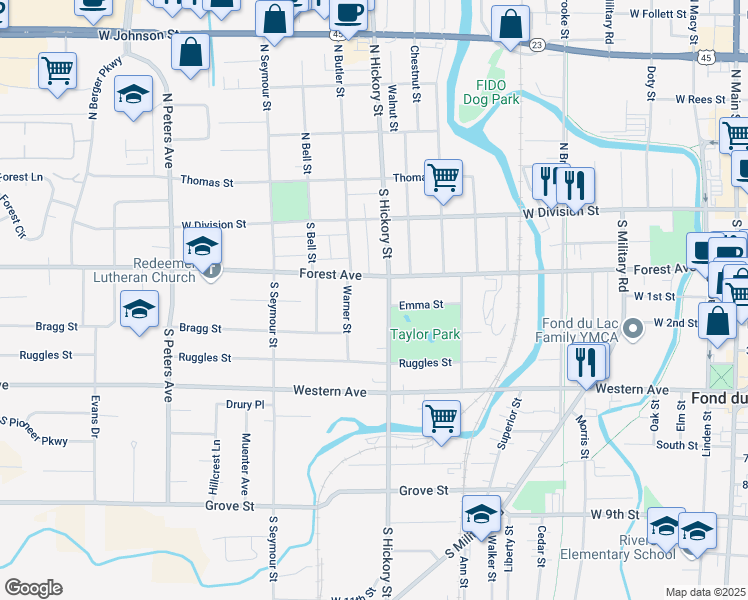 map of restaurants, bars, coffee shops, grocery stores, and more near 92 South Hickory Street in Fond du Lac