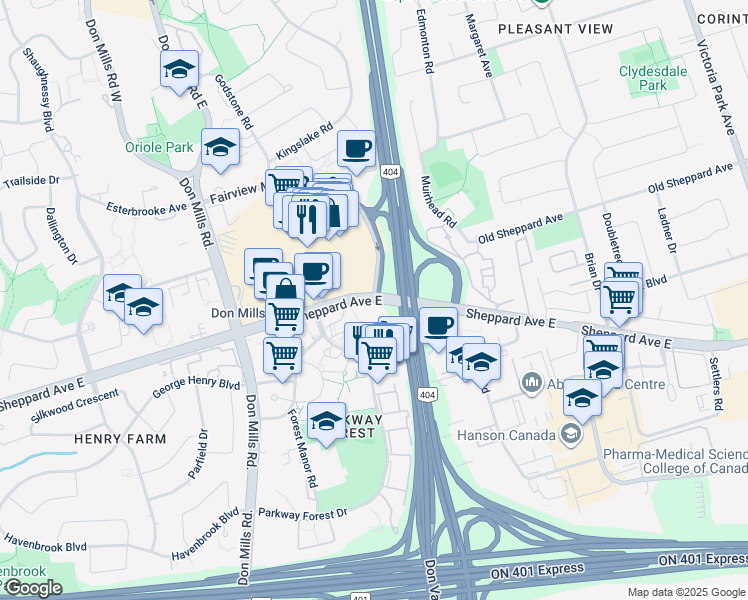 map of restaurants, bars, coffee shops, grocery stores, and more near 7460 Sheppard Avenue East in Toronto