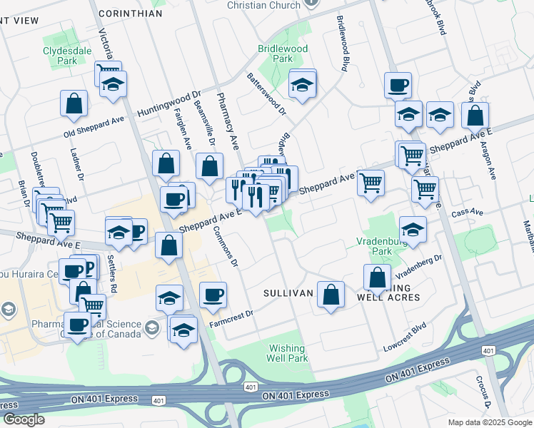 map of restaurants, bars, coffee shops, grocery stores, and more near 3105 Sheppard Avenue East in Toronto