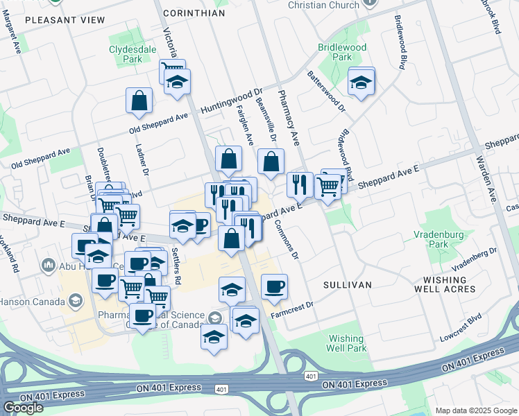 map of restaurants, bars, coffee shops, grocery stores, and more near 10 Chichester Place in Toronto