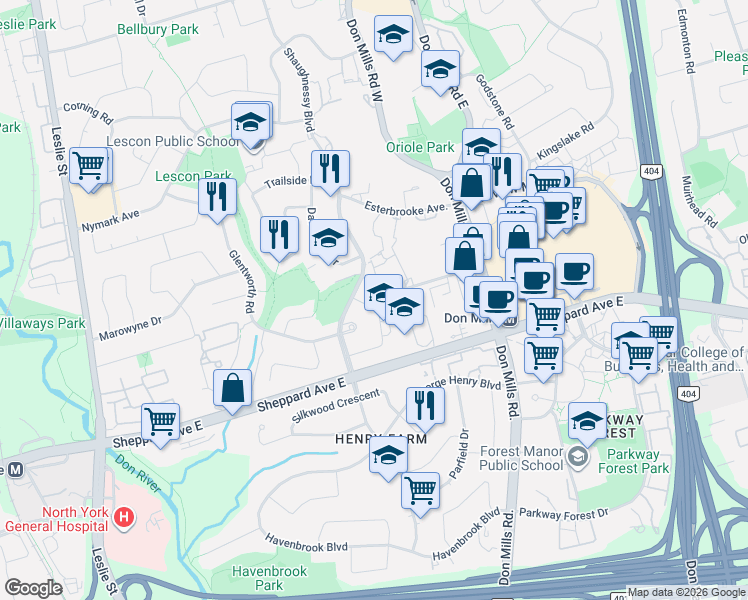 map of restaurants, bars, coffee shops, grocery stores, and more near 35 Rochelle Crescent in Toronto