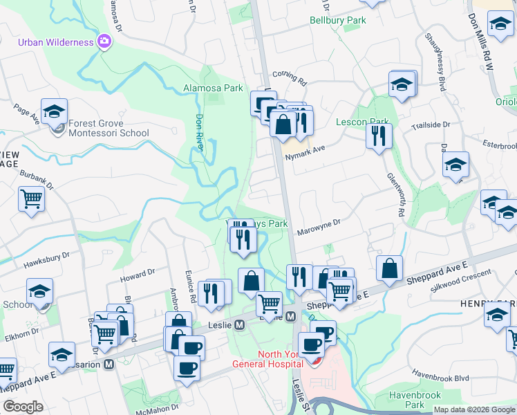 map of restaurants, bars, coffee shops, grocery stores, and more near 45 Adra Villaway in Toronto
