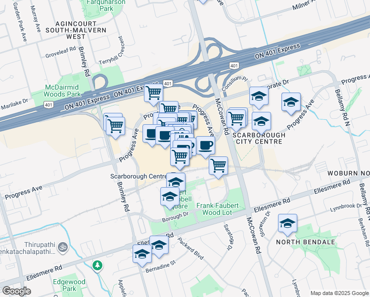 map of restaurants, bars, coffee shops, grocery stores, and more near 300 Borough Drive in Toronto