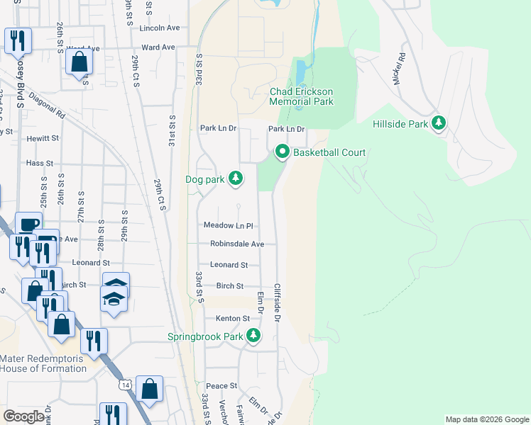 map of restaurants, bars, coffee shops, grocery stores, and more near 3205 Elm Dr in La Crosse