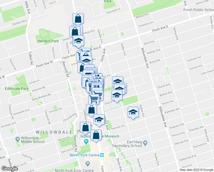 map of restaurants, bars, coffee shops, grocery stores, and more near 11 Sommerset Way in Toronto