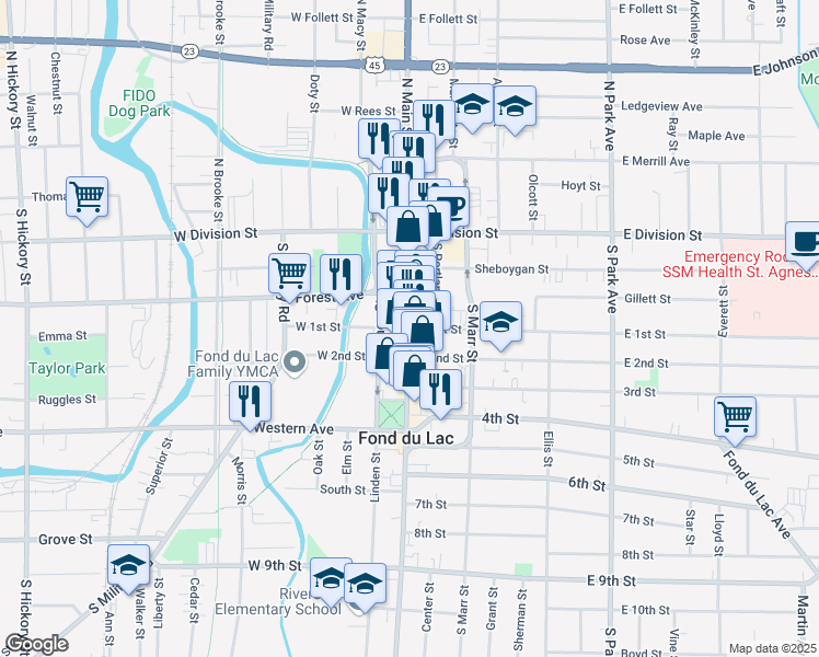 map of restaurants, bars, coffee shops, grocery stores, and more near 1 East 1st Street in Fond du Lac