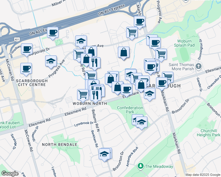 map of restaurants, bars, coffee shops, grocery stores, and more near in Toronto