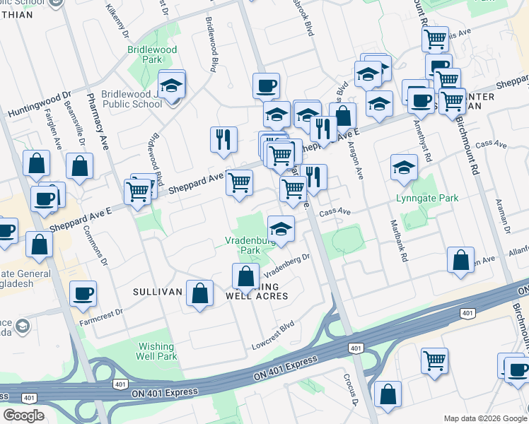 map of restaurants, bars, coffee shops, grocery stores, and more near 150 Palmdale Drive in Toronto