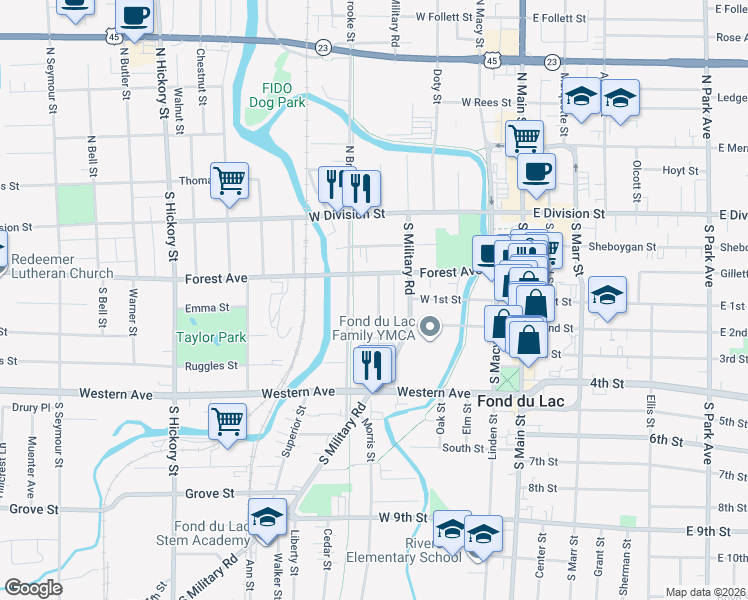map of restaurants, bars, coffee shops, grocery stores, and more near 96 Harrison Place in Fond du Lac