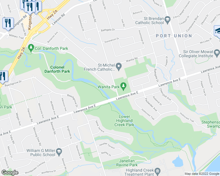 map of restaurants, bars, coffee shops, grocery stores, and more near 151 Colonel Danforth Trail in Toronto