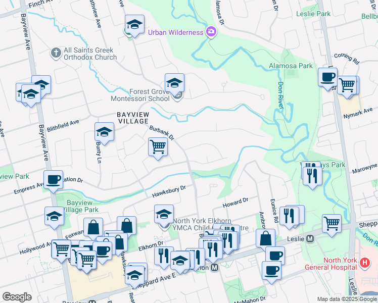 map of restaurants, bars, coffee shops, grocery stores, and more near 1 Tally Lane in Toronto