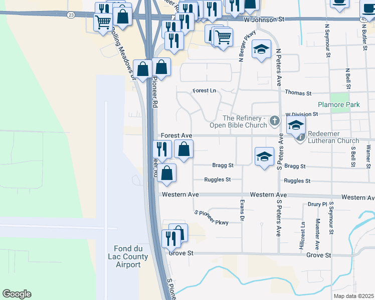 map of restaurants, bars, coffee shops, grocery stores, and more near 96 South Pioneer Parkway in Fond du Lac