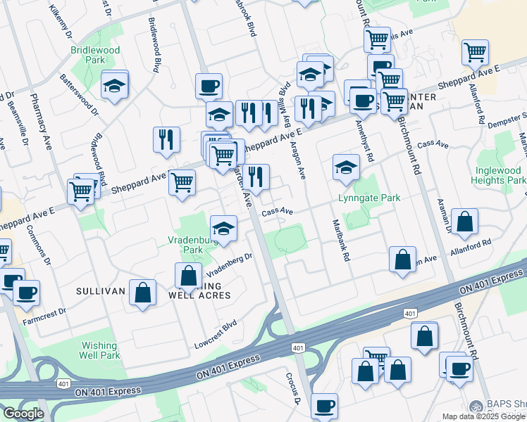 map of restaurants, bars, coffee shops, grocery stores, and more near in Toronto