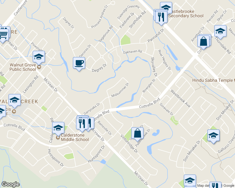 map of restaurants, bars, coffee shops, grocery stores, and more near Midsummer Drive in Brampton