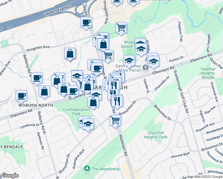 map of restaurants, bars, coffee shops, grocery stores, and more near 1151 Markham Road in Toronto