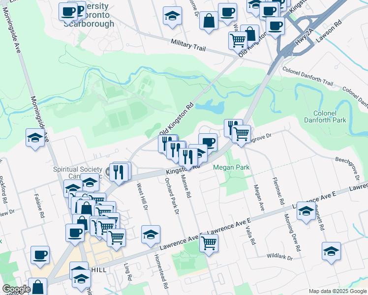 map of restaurants, bars, coffee shops, grocery stores, and more near 8 Stornoway Court in Toronto