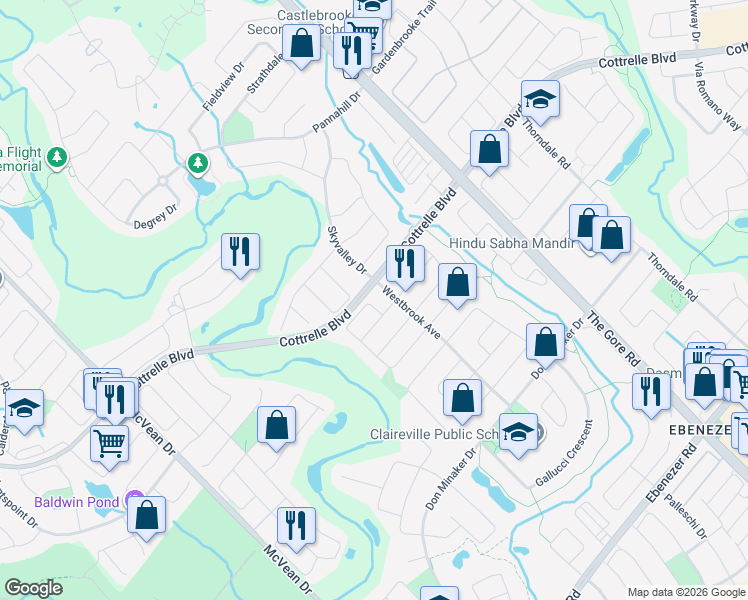 map of restaurants, bars, coffee shops, grocery stores, and more near 85 Gorevale Drive in Brampton