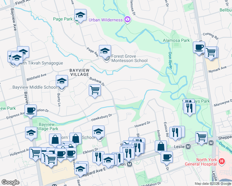 map of restaurants, bars, coffee shops, grocery stores, and more near 5 Tally Lane in Toronto