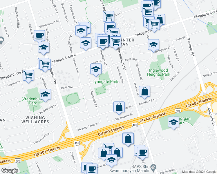 map of restaurants, bars, coffee shops, grocery stores, and more near 44 Corundum Crescent in Toronto