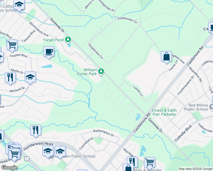 map of restaurants, bars, coffee shops, grocery stores, and more near 26 Valleywest Road in Brampton