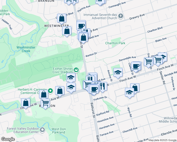 map of restaurants, bars, coffee shops, grocery stores, and more near 4981 Bathurst Street in Toronto