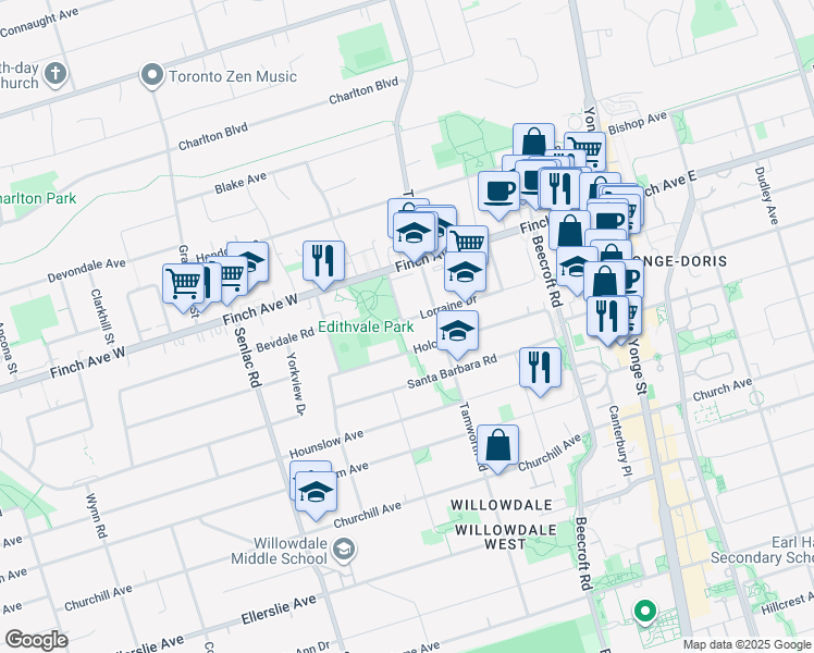 map of restaurants, bars, coffee shops, grocery stores, and more near 85 Lorraine Drive in Toronto