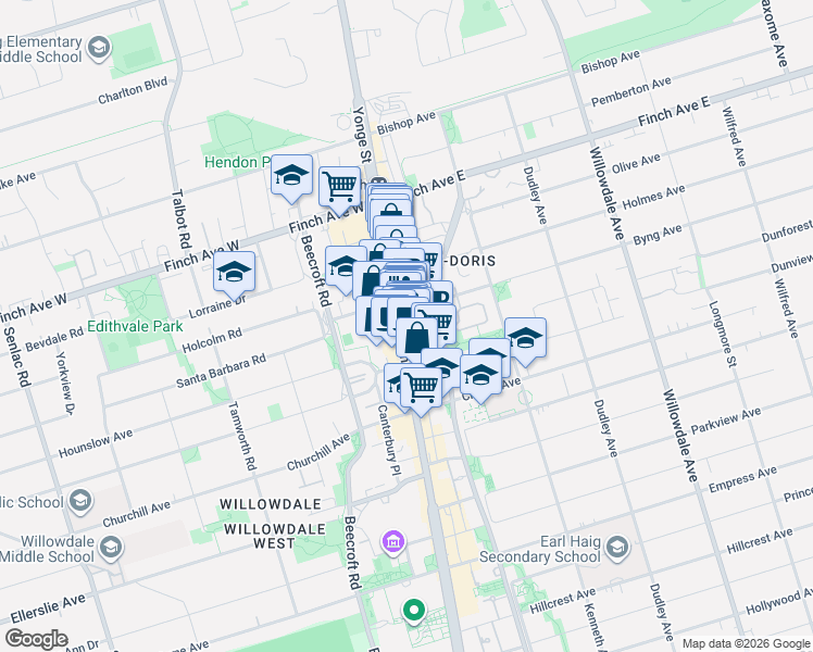 map of restaurants, bars, coffee shops, grocery stores, and more near 5415 Yonge Street in Toronto