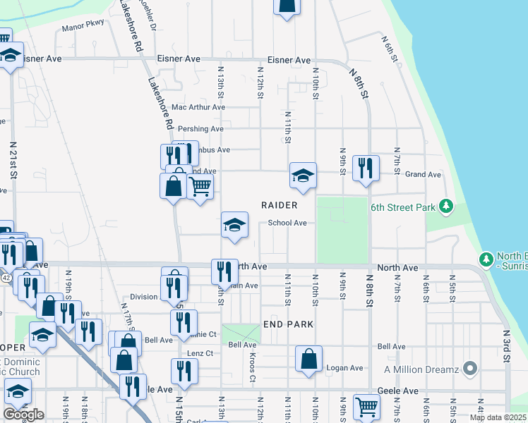 map of restaurants, bars, coffee shops, grocery stores, and more near 1042 School Avenue in Sheboygan