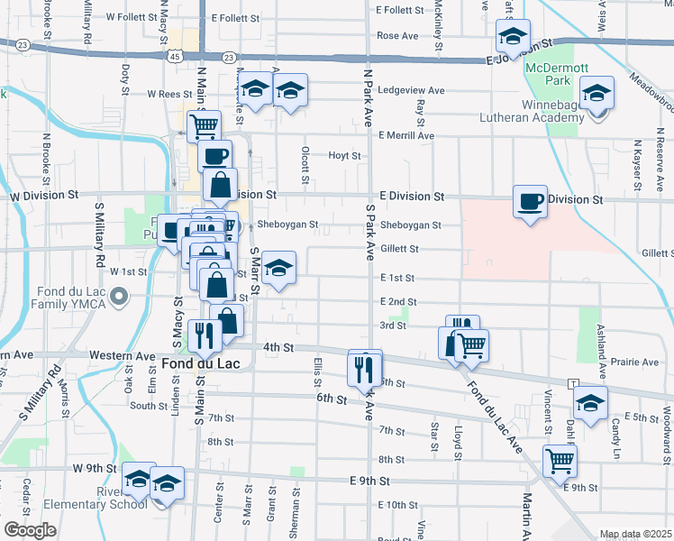 map of restaurants, bars, coffee shops, grocery stores, and more near 169 East 1st Street in Fond du Lac
