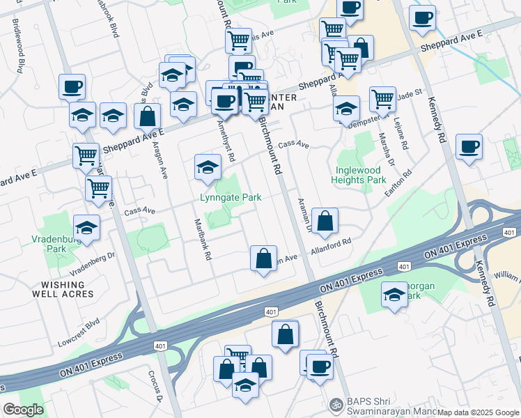 map of restaurants, bars, coffee shops, grocery stores, and more near 45 Moraine Hill Drive in Toronto