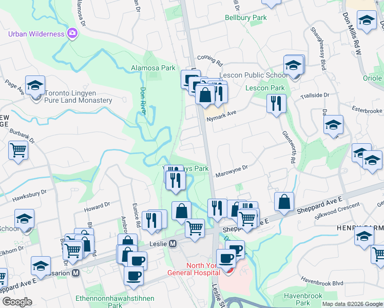 map of restaurants, bars, coffee shops, grocery stores, and more near 25 Adra Grado Way in Toronto